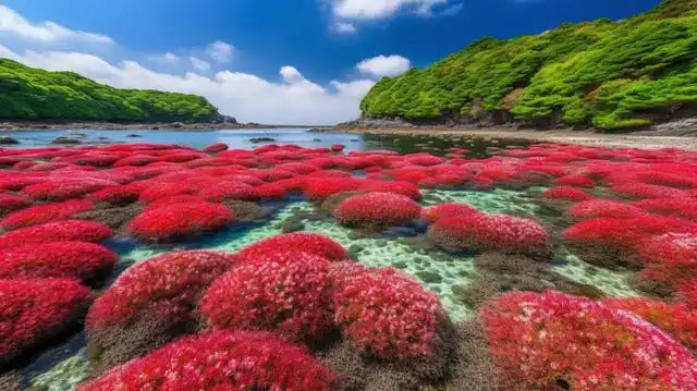 Bright red seaweed covers the rocky shoreline.