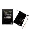 Load image into Gallery viewer, Weluxia plastic-free natural tongue scraper kit including 100% pure copper cleaner and reusable velvet storage pouch.