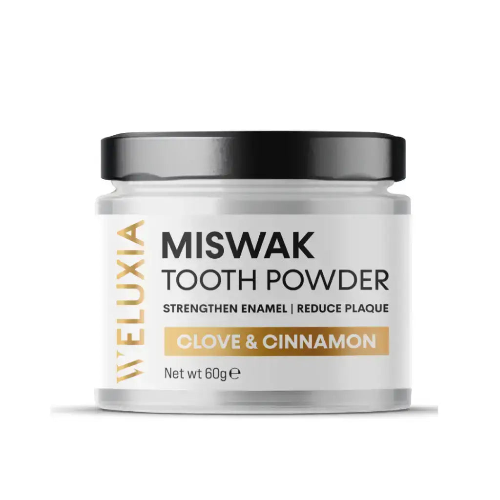 Weluxia Miswak Tooth Powder in eco-friendly glass jar – herbal tooth whitening and gum care