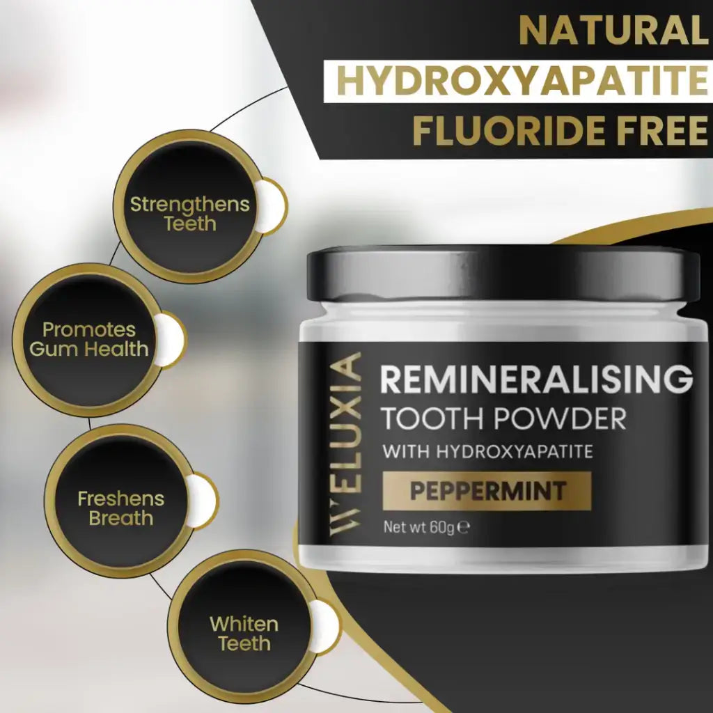 Close-up of Weluxia Remineralising Tooth Powder texture and ingredients