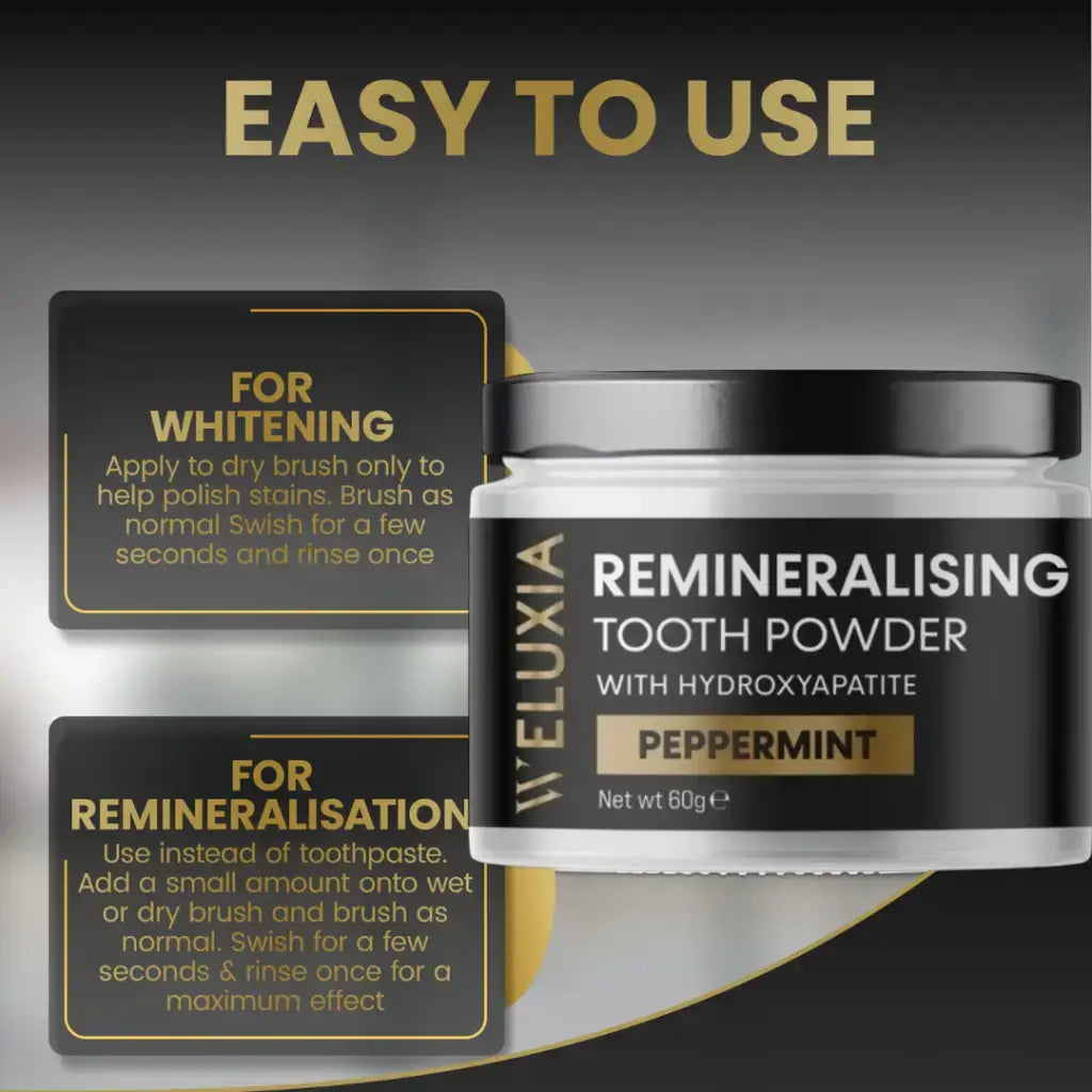 Happy woman showing bright smile after using Weluxia Remineralising Tooth Powder