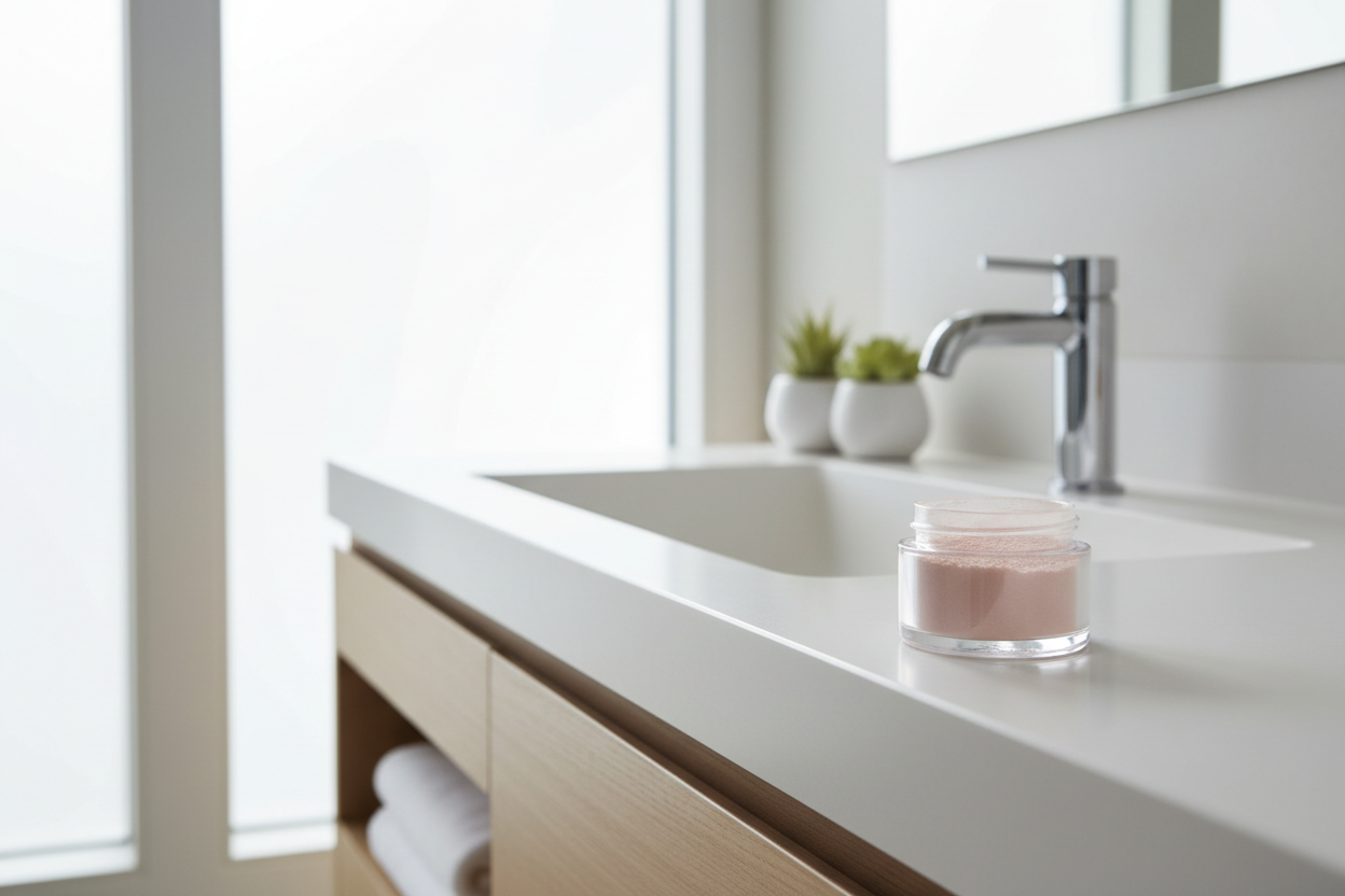 Natural mineral tooth powder in glass jar by Weluxia