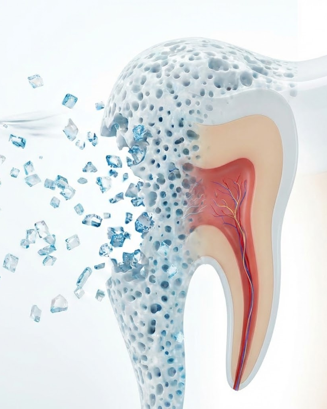 3D illustration of enamel demineralisation showing minerals breaking away from tooth structure
