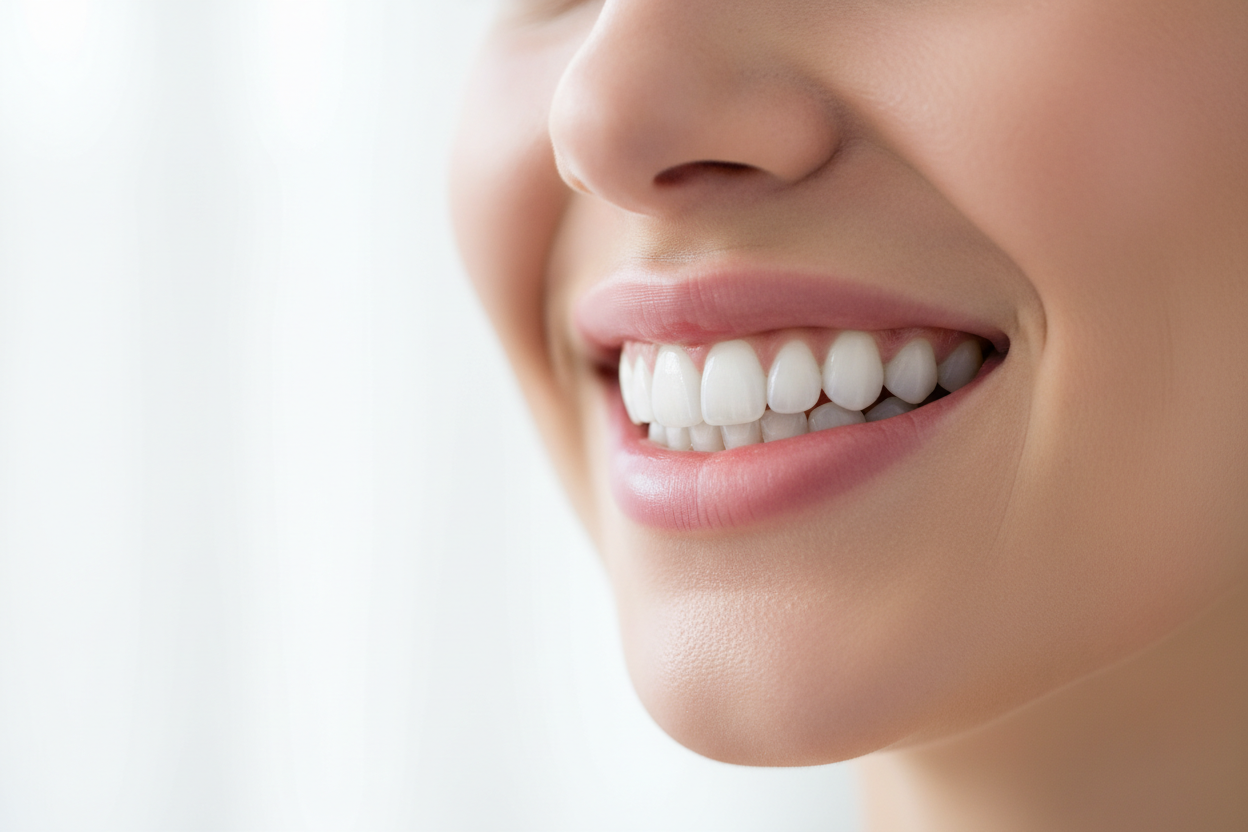 Young woman with a bright white smile showing the natural whitening results of using pearl powder for teeth