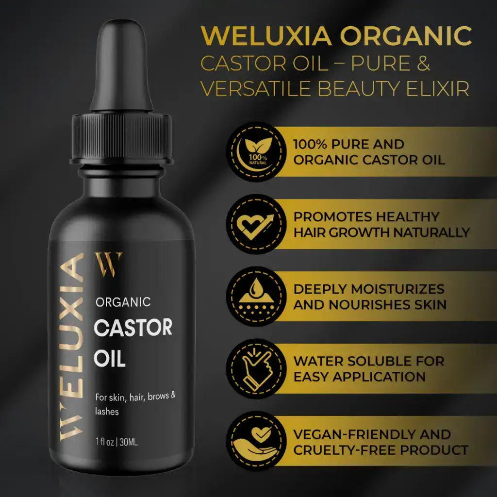 Weluxia organic castor oil applied to scalp for hair growth and nourishment