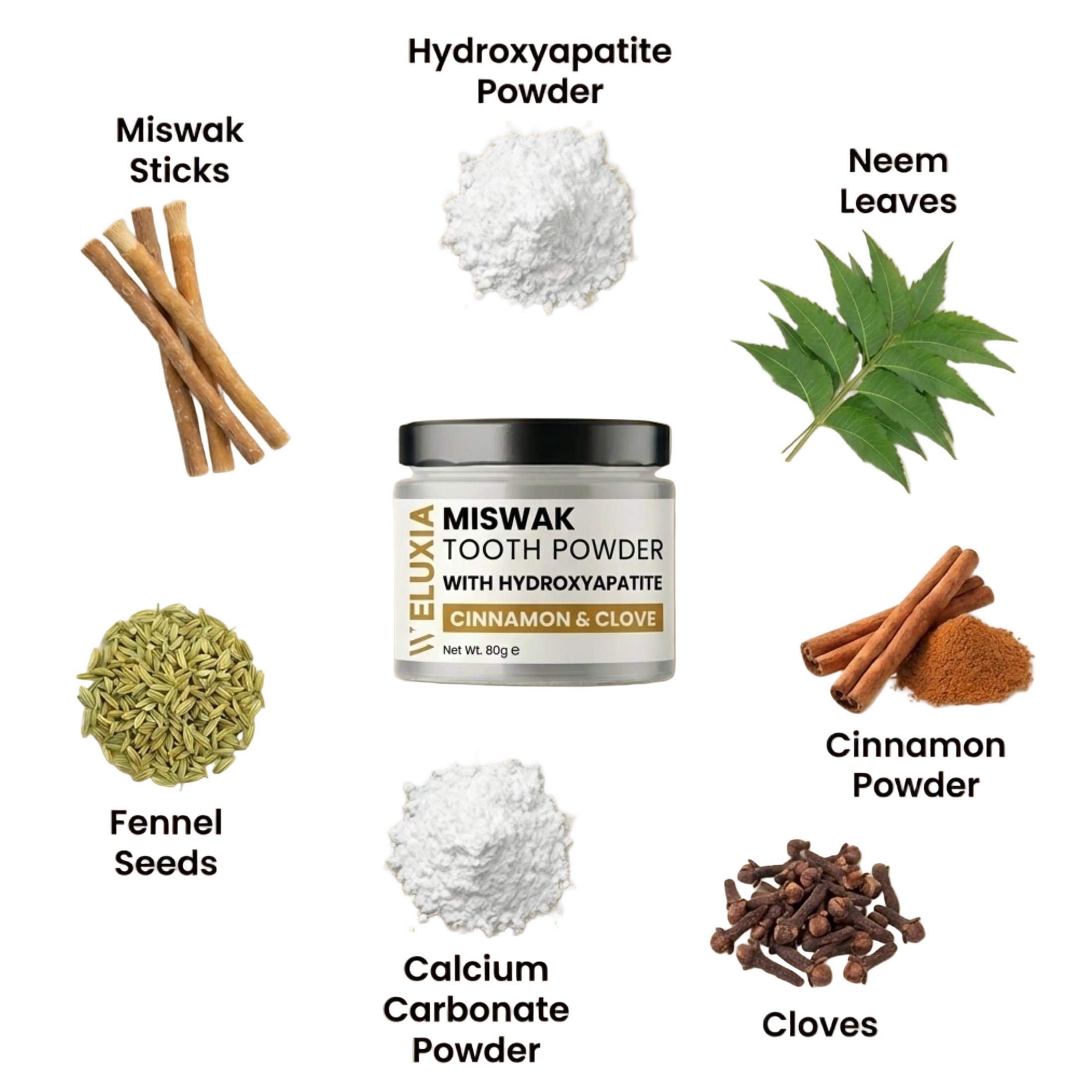 Miswak Tooth Powder with Hydroxyapatite and its ingredients 
