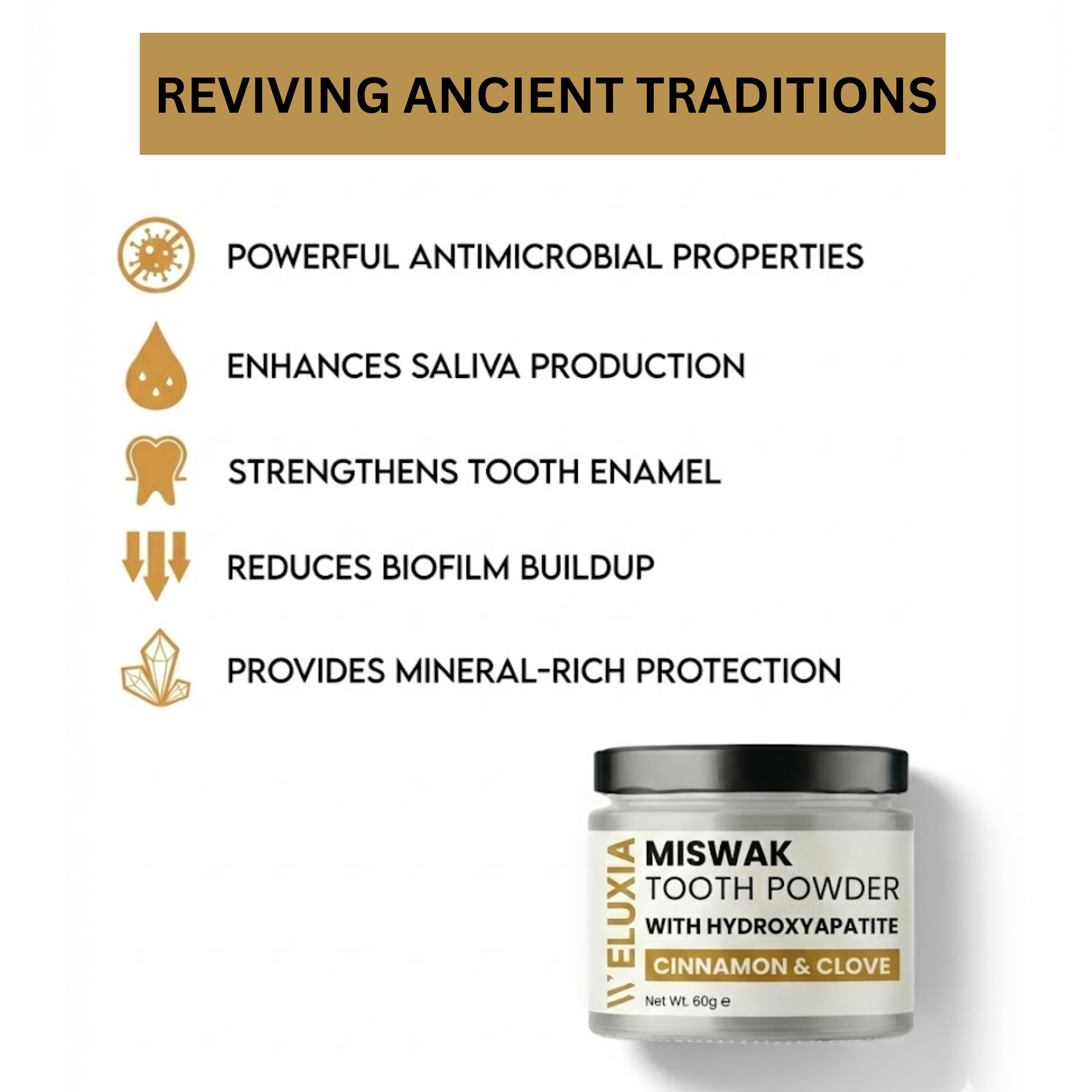 Miswak Tooth Powder container with health benefits listed on a white background