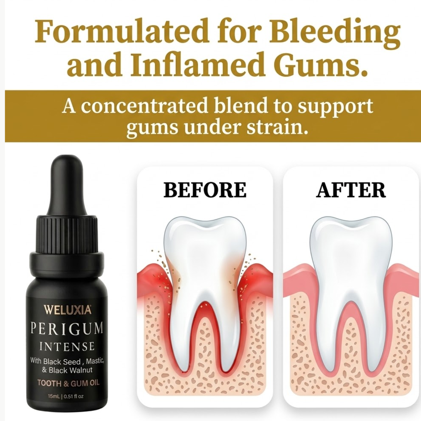 Before and after illustration of bleeding and inflamed gums improving naturally