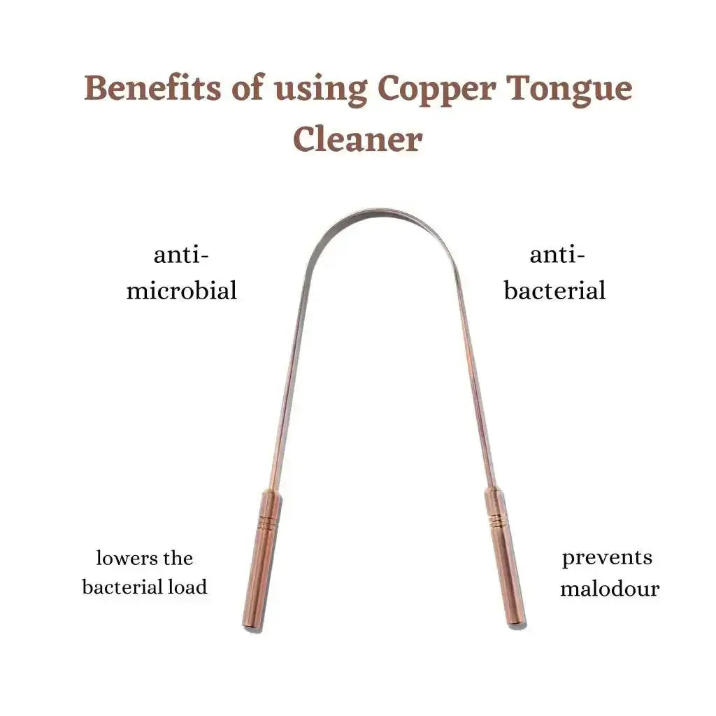 Daily morning routine using an antimicrobial copper tongue scraper to remove bad breath and clean the oral microbiome.