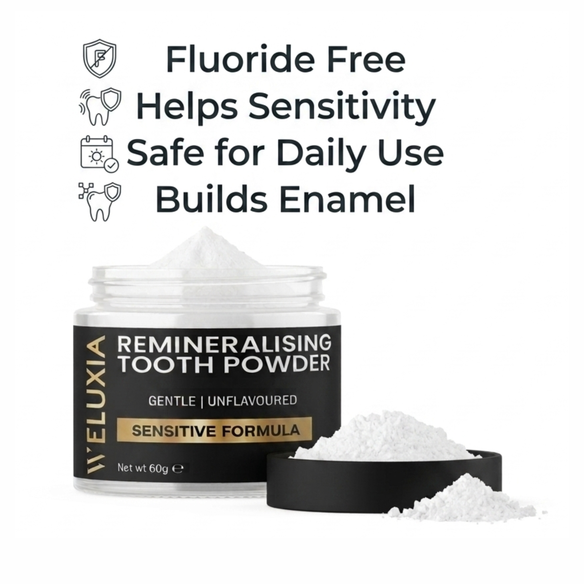 Best tooth powder for sensitive teeth in the UK by Weluxia