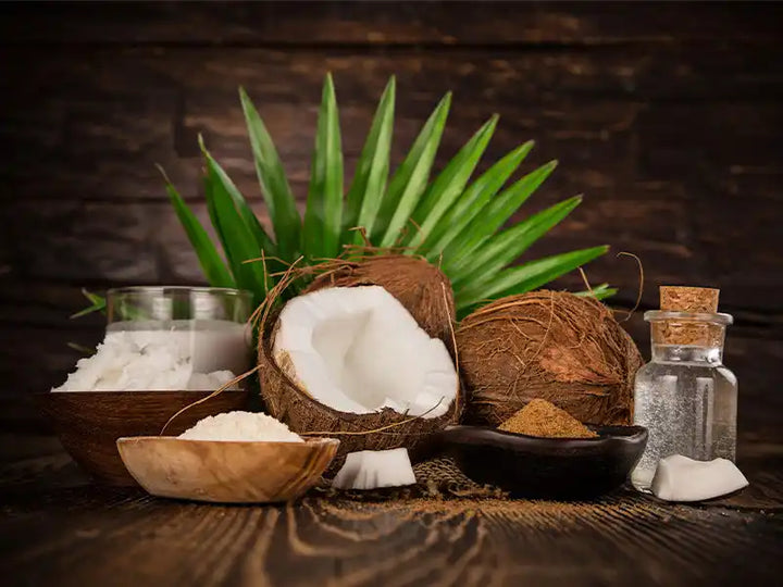Fresh coconuts and coconut products displayed with a tropical palm frond.