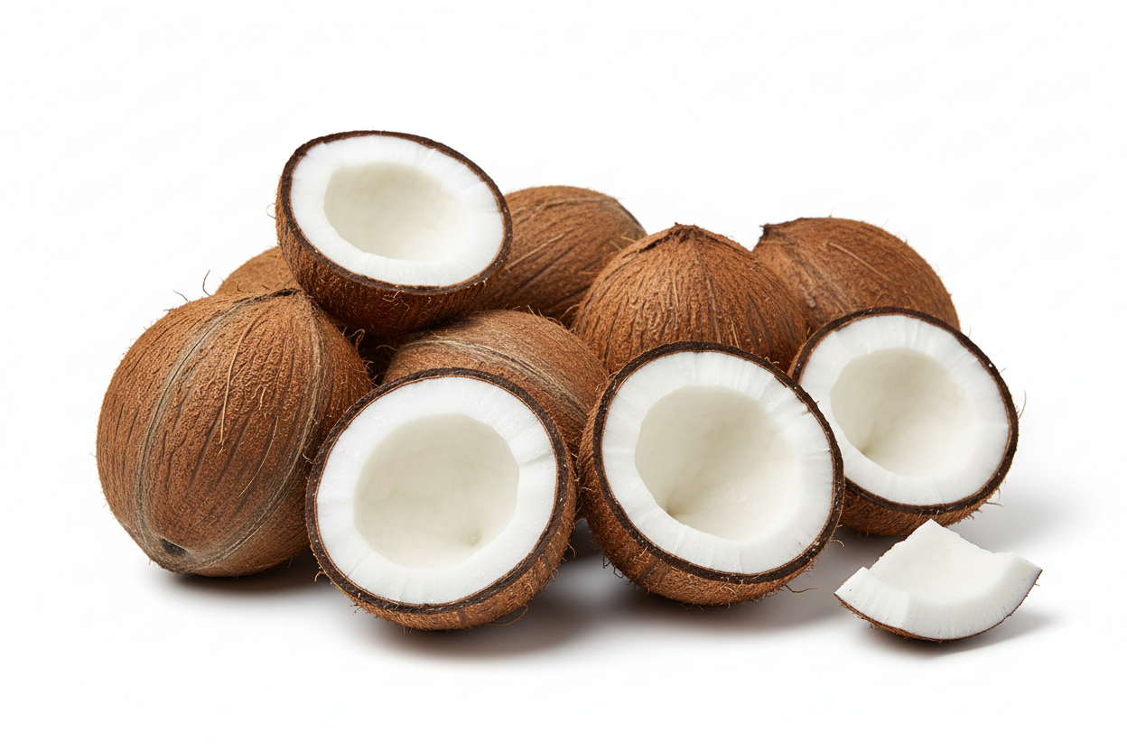 FRESH COCONUTS ON WHITE BACKGROUND