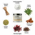 Load image into Gallery viewer, Ingredients used in  Miswak Tooth Powder with Hydroxyapatite on a white background.
