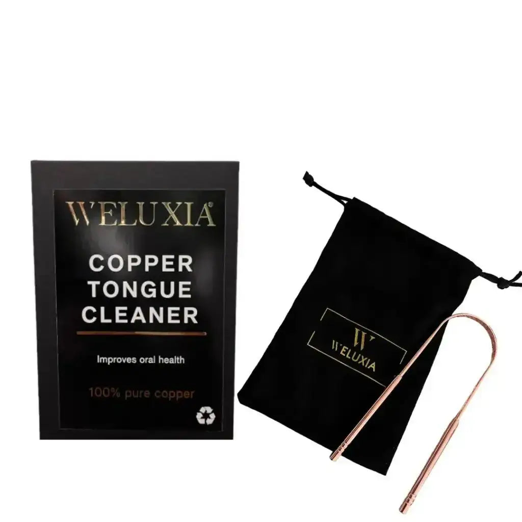Weluxia plastic-free natural tongue scraper kit including 100% pure copper cleaner and reusable velvet storage pouch.