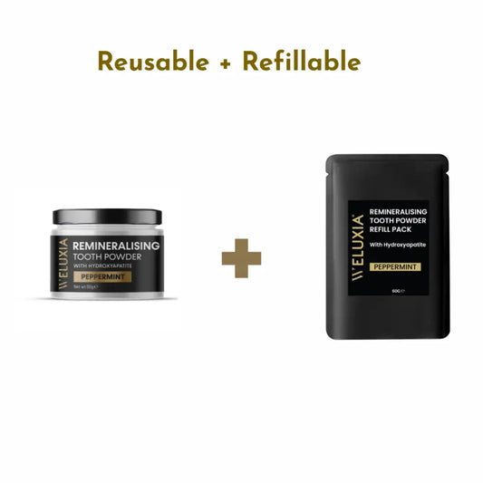 Front view of Weluxia Hydroxyapatite Tooth Powder refill pouch in minimal, eco-friendly packaging.