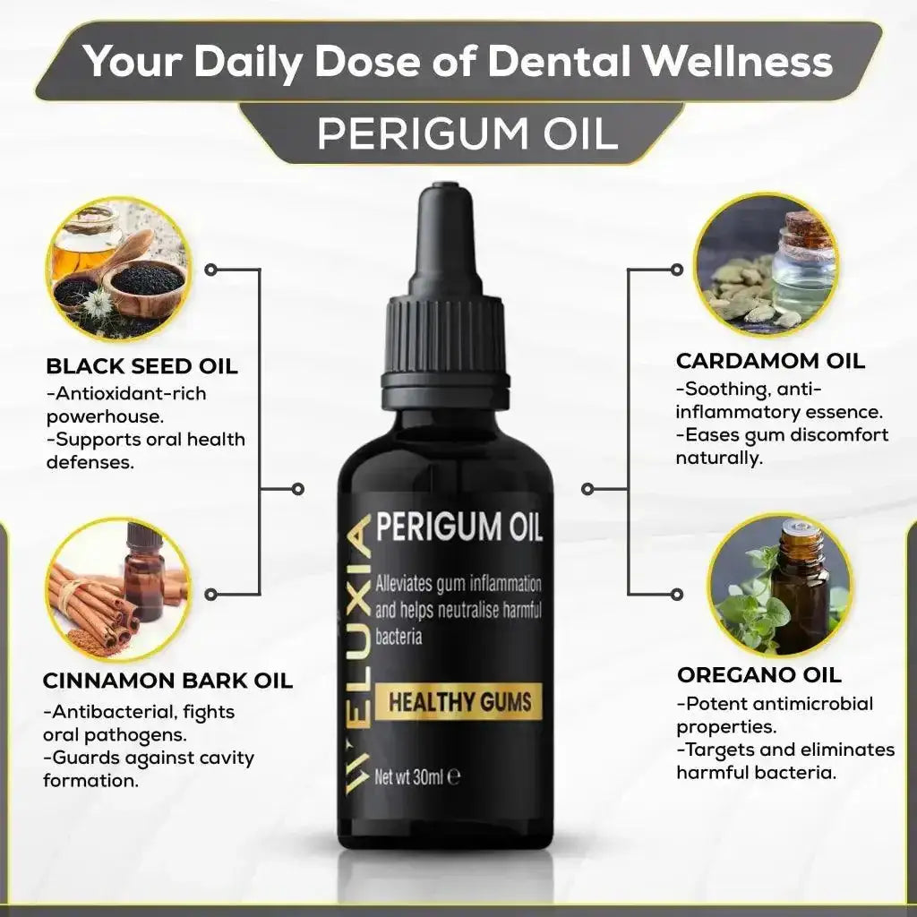 Cayenne, black seed, oregano, and cardamom oils next to Weluxia PeriGum Oil bottle