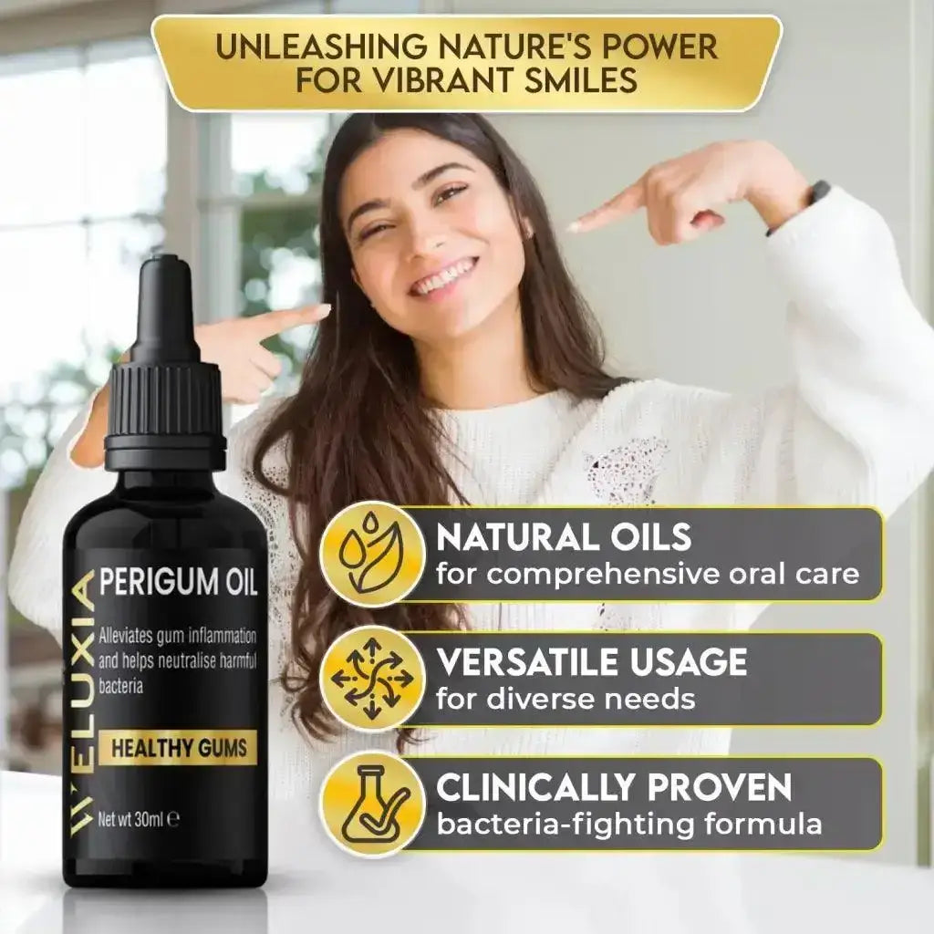 Weluxia PeriGum Oil bottle placed on bathroom counter with toothbrush and herbs