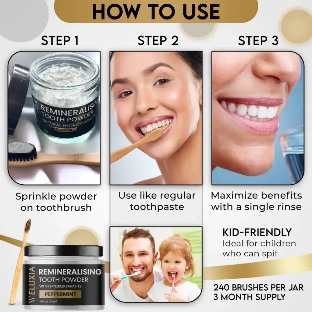 Toothbrush dipped in Weluxia Remineralising Tooth Powder ready for brushing